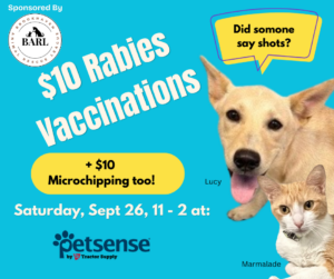 $10 Rabies Vaccinations & $10 Microchipping Event Sept 26 11am - 2pm at Petsense in Brookhaven